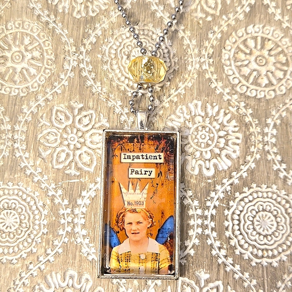 Cheeky Pendant "Impatient Fairy" with Crystal Charm, Silver Ball Chain